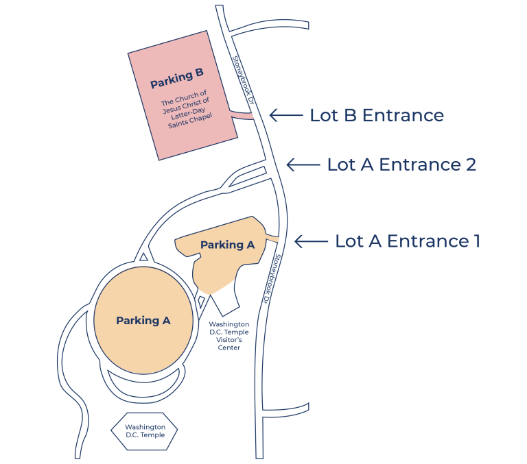 A map of the free parking lots available at the Washington DC Temple and Visitors' Center, with a nearby stake center, each available to park at during the Festival of Lights.