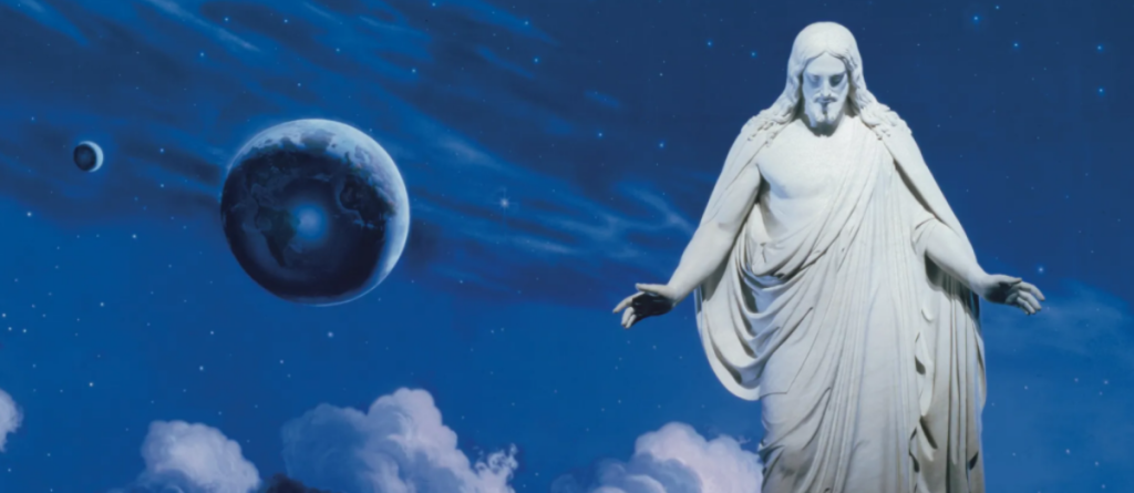 Bertel Thorvaldsen's Christus Statue in front of a dark blue mural of space and a light blue Earth and the pale moon at the North Visitors' Center on Temple Square in Salt Lake City, Utah.